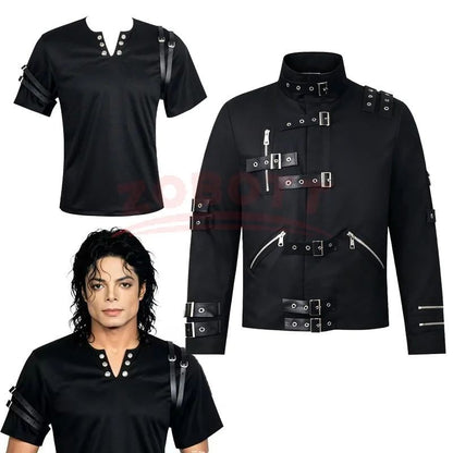 Michael Jackson cosplay Costume BAD Punk Jacket Black Slim BAD Jacket Costume T-shirt Belt Clothing Adore Stars Impersonator
