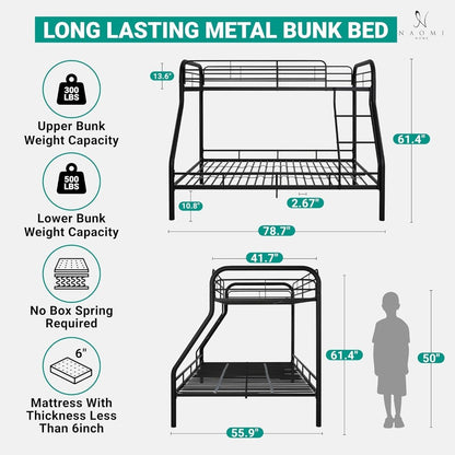 Twin Over Full Metal Bunk Bed with Safety Guardrails, 800 lbs Capacity, Angled Ladder, Underbed Storage, Black, Moder