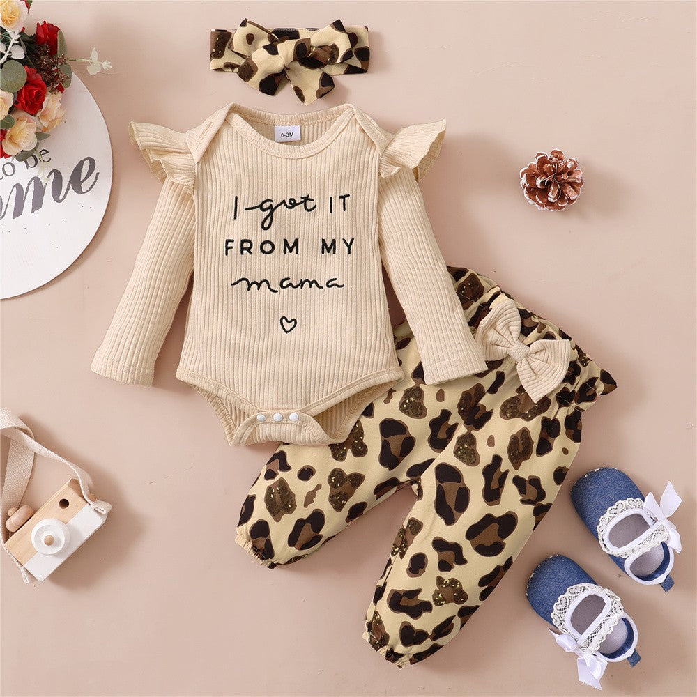 3PCS Newborn Baby Girl Clothes Set Long Sleeved Top+Leopard Pants+Headband Infant Spring Outfits for Toddler Girl 0-18 Months