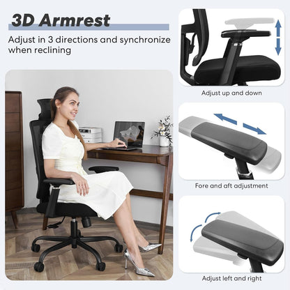 Nova Cadeira de Escritório Ergonômica em Malha com Suporte Lombar Ajustável Inclinação de 120° Cadeira de Computador Confortável com Braços Macios Retráteis