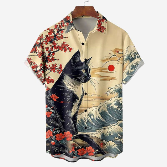 Men's Retro Short Sleeve Shirt Summer Casual Fun Hawaiian Ukiyoe Kitten Fishing Shark Print Lapel Short Sleeve Shirt