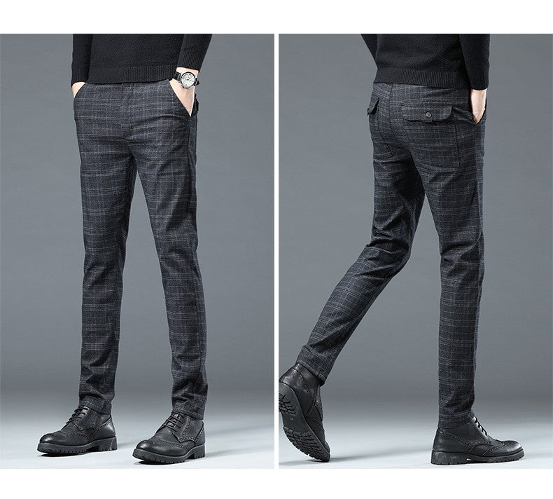 Autumn Winter New Fleece Thickened Casual Pants Men Business Straight Slim Plaid Pants Black Gray Men's Warm Trousers
