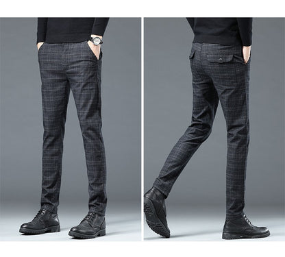 Autumn Winter New Fleece Thickened Casual Pants Men Business Straight Slim Plaid Pants Black Gray Men's Warm Trousers