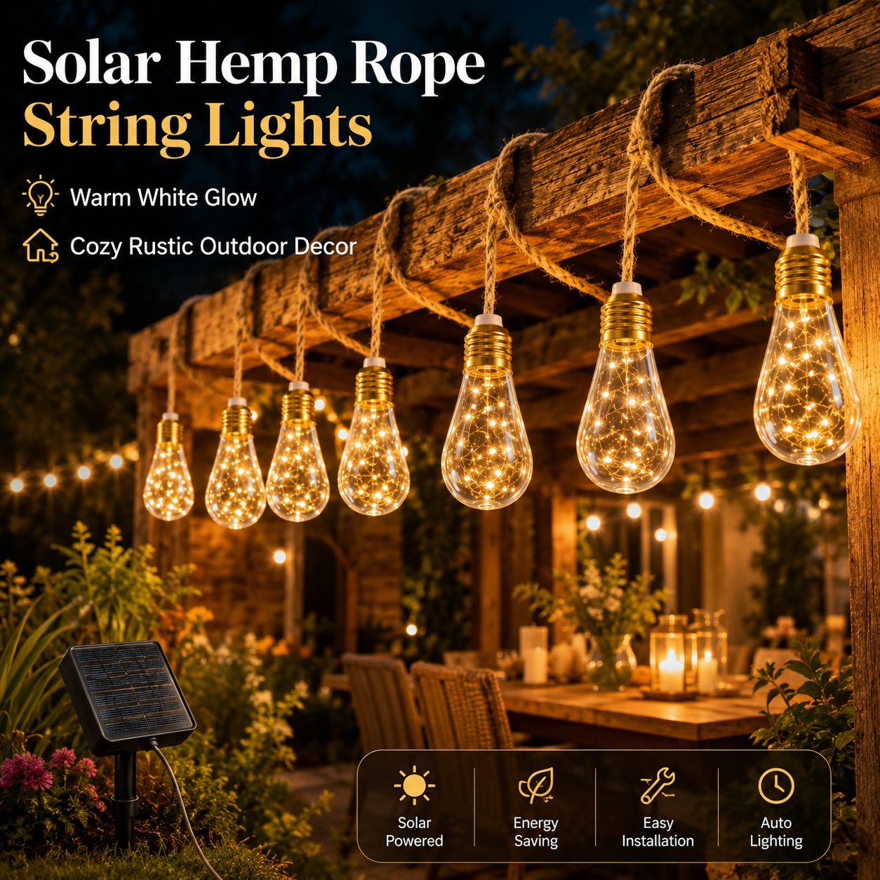 Solar String Lights Hemp Rope Edison Bulb Fairy Lights 4M/6M/8M Warm White for Garden Patio Pergola Wedding Christmas Decor