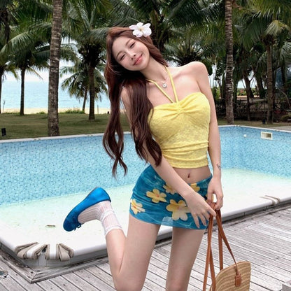 French Drawstring Blue Floral Tube Top Women Separate Swimwear Set Coastal Summer Vacation Beach Holiday Swimsuit for Girl