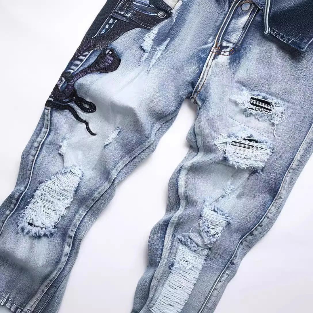 Blue Eyed Snake Embroidery Street Style Jeans For Teenagers Elastic Waist Cotton Material Casual Scene Suitable