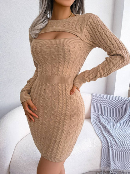 VigoCasey 2025 Blue Casual Short Knit Dress Autumn Winter Women Long Sleeve Dress Sexy Lady Solid Hollow Bodycon Knitted Dresses