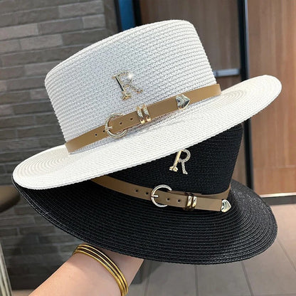 Rhinestone Straw Hat Women's Summer Beach Sunshade Hat Braided Straw Sunblock Hat French Belt Vintage Top Hat Sun Hats For Women