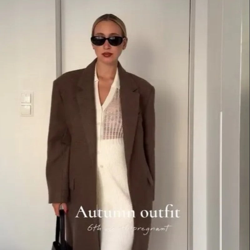 Women Shoulder Pad Wool Long Coats Fashion Lapel Single-breasted Long Sleeve Coat Chic 2025 Autumn Lady Commute Street Outerwear