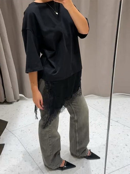 Fashion Lace Patchwork Mid Sleeve Tops for Women Elegant O Neck Loose Female T-shirt Spring New Lady Solid Shirts High Street