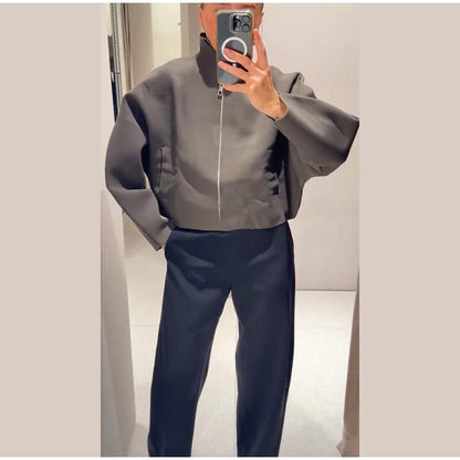 Woolen Zipper Loose Short Jacket Women Long Sleeve Lapel Solid 2025 Autumn Winter Commute Coat Street Office Warm Ladies Outwear
