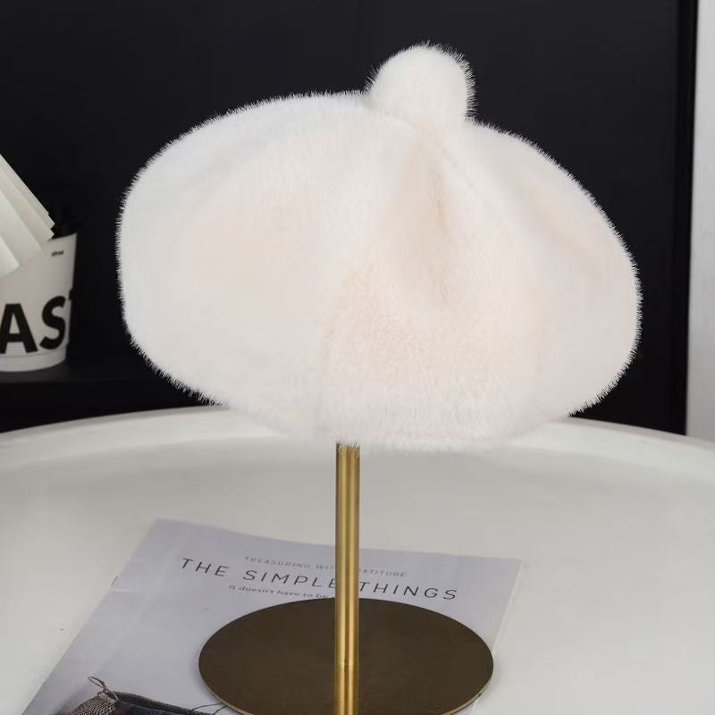Sweet Faux Rabbit Fur Beret Hat Women Autumn Winter Thicken Keep Warm Furry Flush Artist Flat Cap Solid Color Painter Hats