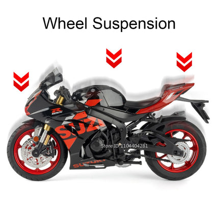 1:12 Suzuki GSX1000R R1250GS Liga Diecast Brinquedos Modelos de Motocicletas Carro com Luz Absorção de Choque Miniatura Moto Meninos Presentes