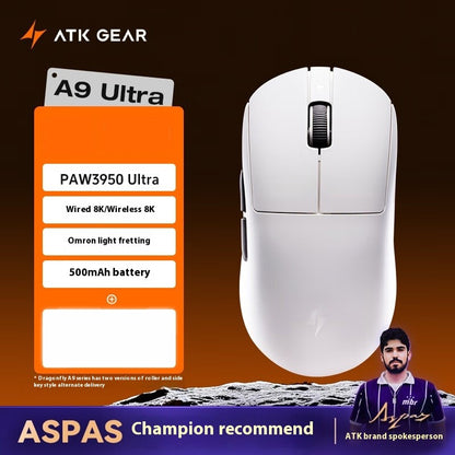Mouse Gamer Sem Fio ATK A9 Ultra A9/A9 SE/A9 Plus/A9 Pro Tri Mode 8K Mouse Gamer 53g Leve Presente E-sports PC Personalizável