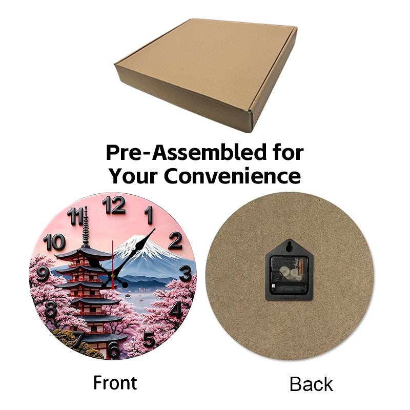 Mount Fuji Design Wooden Round Silent Hanging Wall Clock, Suitable For Living Room, Office, Study Room, Bedroom, Home Decoration