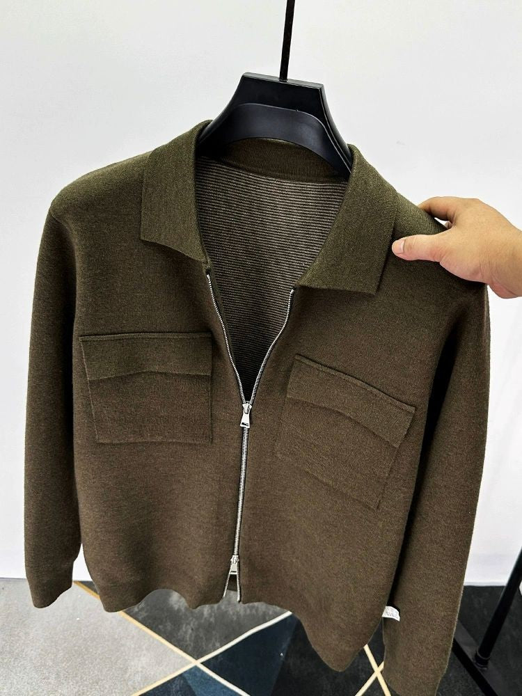Premium Zipper Collar Wool Cardigan Men's Casual Coat Autumn/Winter Luxury Pocket Design Solid Color Casual Warm Sweater Jacket