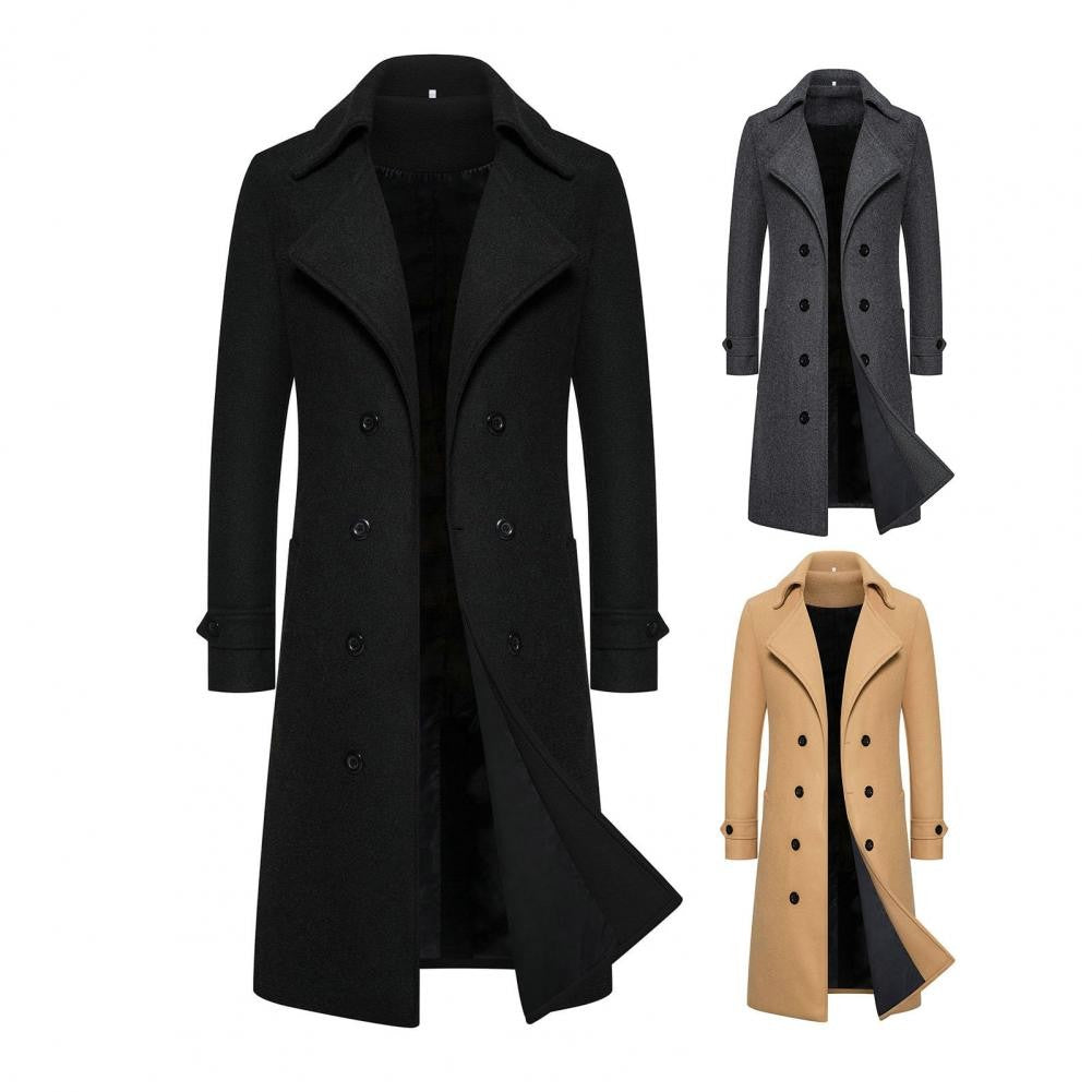 Men Overcoat Double-breasted Slim Fit Mid Length Long Sleeve Thick Windproof Warm Soft Cardigan Buttons Lapel Men Long Coat