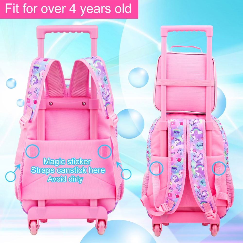 4PCS Rolling Bookbag for Girls, Cute Kids Mermaid Wheeled Backpack?Unicorn Roller School Bag with Wheels for Elementary Preschoo
