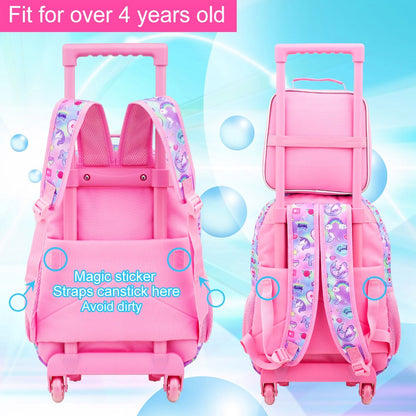 4PCS Rolling Bookbag for Girls, Cute Kids Mermaid Wheeled Backpack?Unicorn Roller School Bag with Wheels for Elementary Preschoo