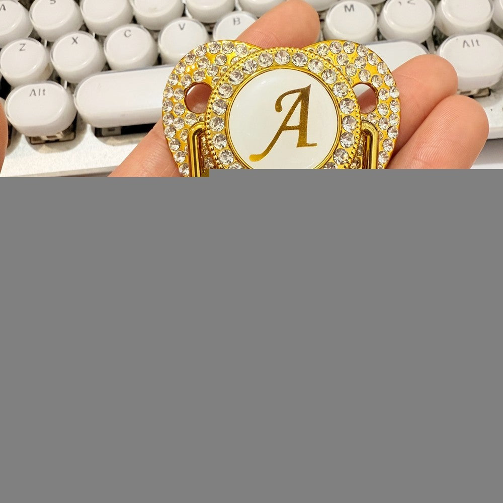 26 Initial Letters Golden Baby Pacifier With Diamond Chain Clip