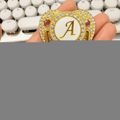 26 Initial Letters Golden Baby Pacifier With Diamond Chain Clip