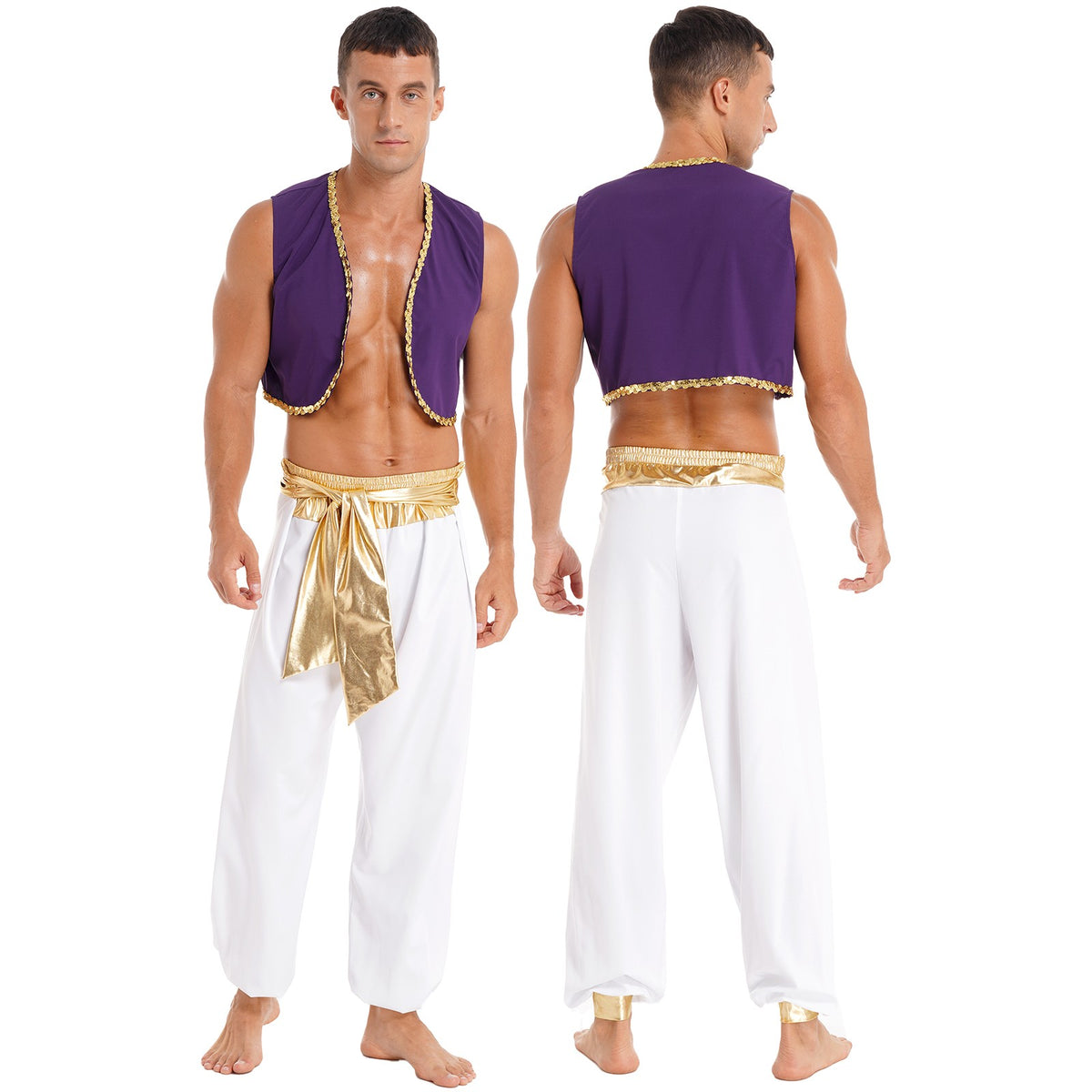 Aladin Costume Men Arabian Prince Cosplay Dress Up Waistcoat Top Harem Pants Suit Halloween Theme Party Carnival Stage Outfits