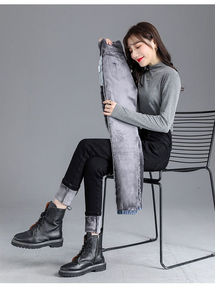 High Waist Slim Fit Fleece Lined Thickened Pencil Long Jeans Women's Autumn Winter New Style Fashionable And Elegant