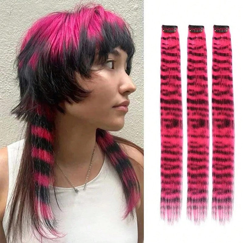 3Pcs Leopard Print Hair Extensions Synthetic Stripe Printed Hair Piece Colorful Long Straight Clip In Hair For Women Girls Party