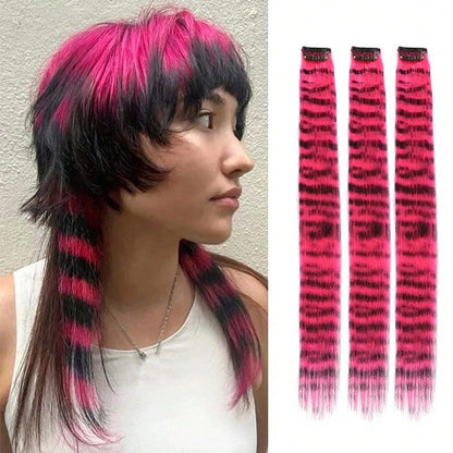 3Pcs Leopard Print Hair Extensions Synthetic Stripe Printed Hair Piece Colorful Long Straight Clip In Hair For Women Girls Party