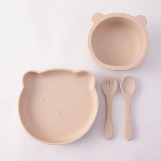 Color Kids 4PCS Silicone Feeding Tableware Set Baby Newborn Items Sucker Dishes Spoon Fork Bowls Food Training Essentials