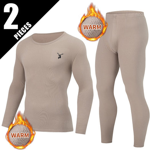 2-piece Autumn And Winter Men's Fashion Lucky Deer Pattern Solid Color Basic Warm Underwear Set Comfortable Long Sleeve Pants