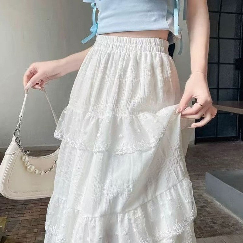 Summer Autumn Women Long Skirts Vintage High Waist Elastic Lace White Chic Long Cake A Line Skirt