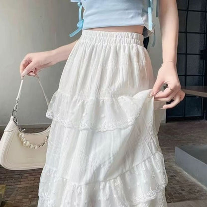 Summer Autumn Women Long Skirts Vintage High Waist Elastic Lace White Chic Long Cake A Line Skirt