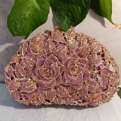 Luxury Women Pink Flower Clutch Bags Stone Evening Bags Bridal Rhinestone Handbags Wedding Clutches Bags Dinner Minaudiere Purse