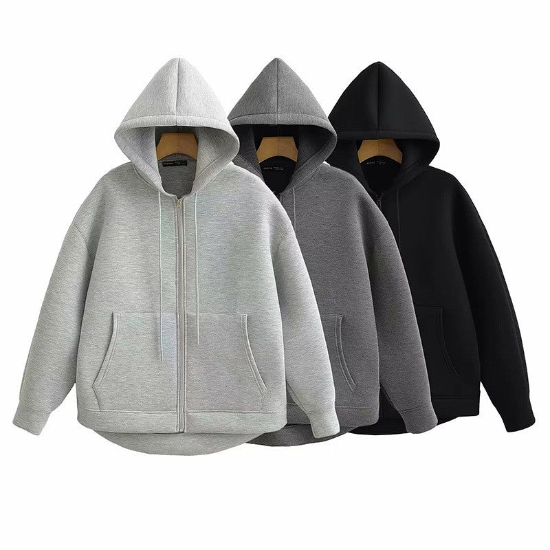 Autumn Women Gray Jacket with Hood Long Sleeve Big Pocket Zipper Jacket Coat Woman Loose Casual Outerwear Coat Tops