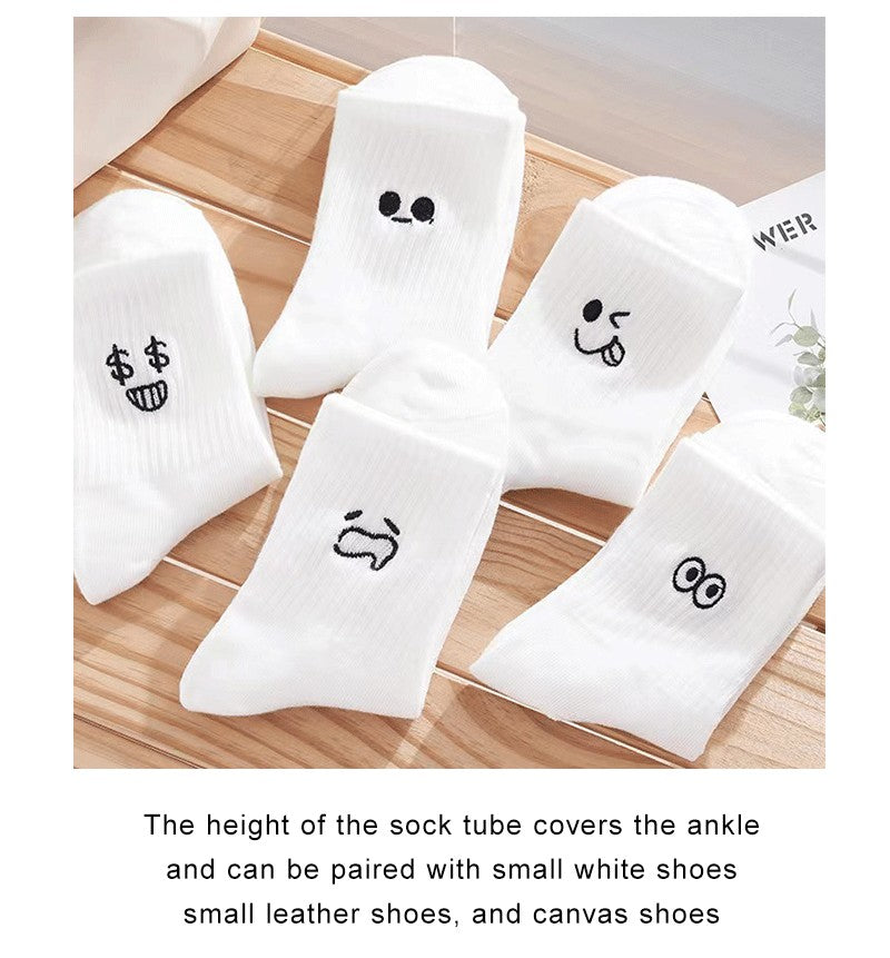 5/10/20 Pairs Men White Cartoon Socks Trendy Versatile Expression Socks With Simple Soft Breathable Comfortable Casual Socks