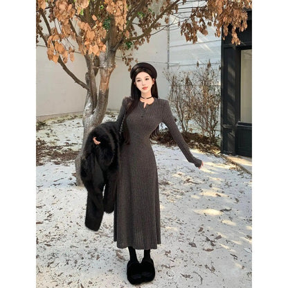 Long Sleeve Dresses Women Solid Slim Basic Mid-length All-match Elegant Autumn Winter Vestidos Female Defined Waist Knitting New