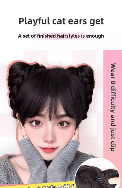 Cat Ear Wig Claw Clip Bun Hairpiece Cute Double Bun Hair Accessory Updo Flower Bun Synthetic Wig