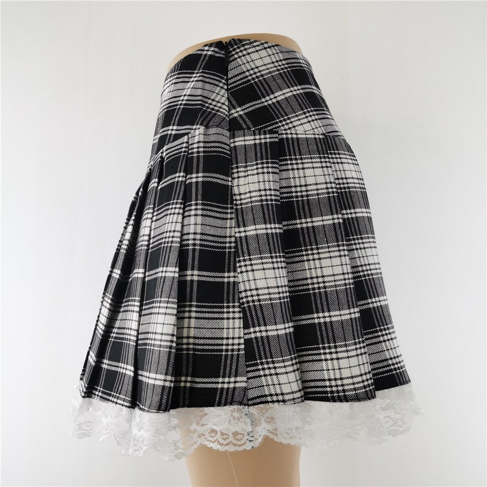 New Contrast Lace Plaid Pleated Skirt Vintage Sexy Skater Clothes Harajuku Gothic Punk England Style Y2k Skirt