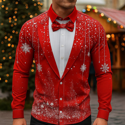 Men's Christmas Snowflake Formal Shirts 3D Printed Tie Design Elegant Tuxedo Style,Holiday Party Wedding Attire,Spring Fall Wear