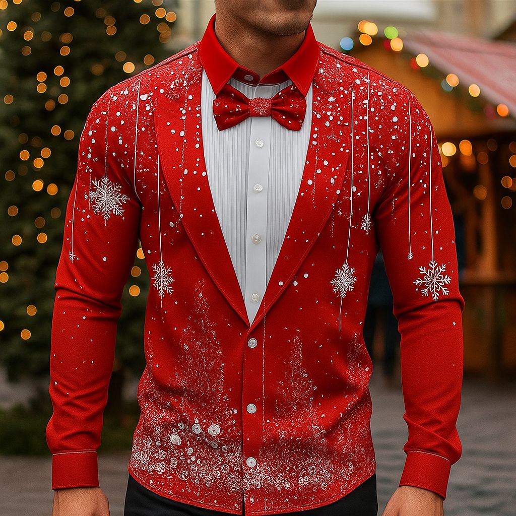 Men's Christmas Snowflake Formal Shirts 3D Printed Tie Design Elegant Tuxedo Style,Holiday Party Wedding Attire,Spring Fall Wear