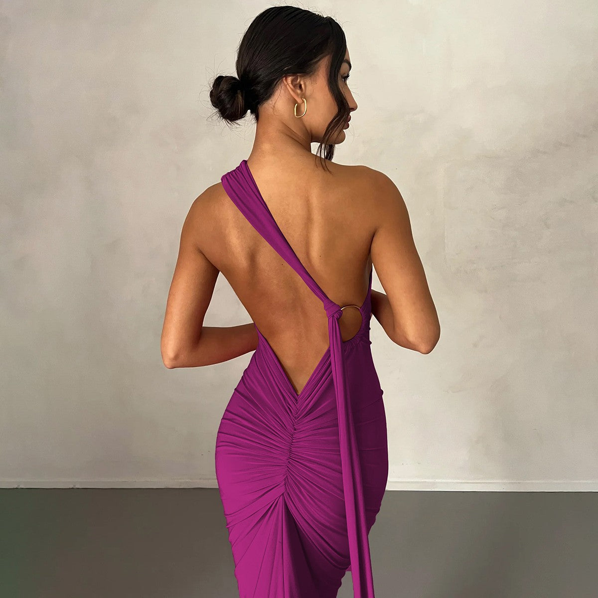 Hugcitar One Shoulder Backless Adjustable Scarf Loop Ruched Sexy Maxi Dress Wome