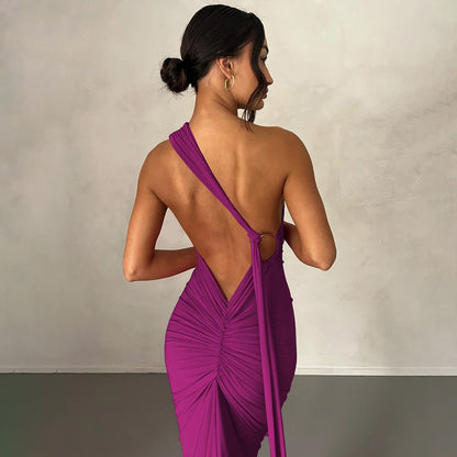 Hugcitar One Shoulder Backless Adjustable Scarf Loop Ruched Sexy Maxi Dress Wome