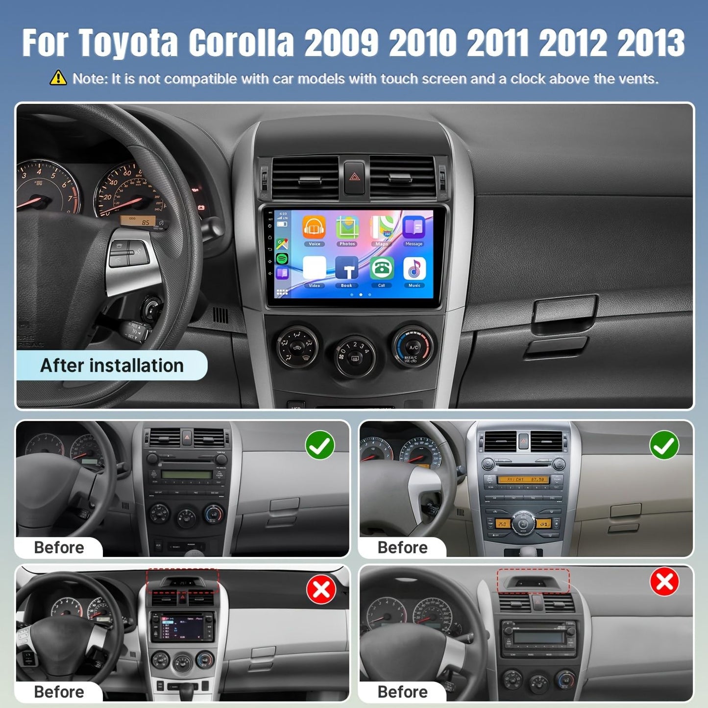 Rádio automotivo sem fio de 9 polegadas para Toyota Corolla 2009 2010 2011 2012 2013, compatível com CarPlay Android Auto, tela de toque 2+32G