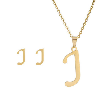 Conjunto Feminino de Colar e Brincos de Aço Inoxidável com Letra Inicial do Alfabeto A-Z - Joias Personalizadas de 26 Letras Inglesas - Presente