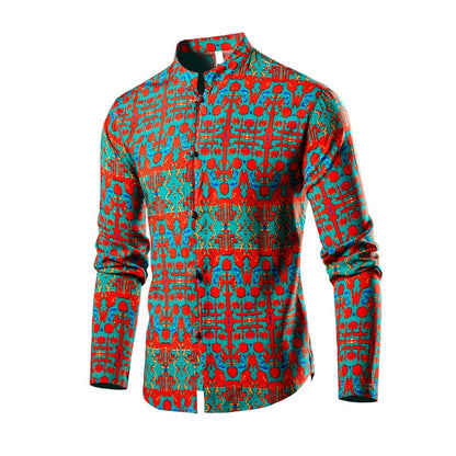 Chinese Style Men's Stand-up Collar Long-sleeved Shirt, Single-breasted Printed Shirts, Fashion Casual Camisas, Red Green Blue