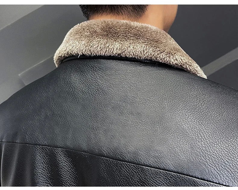 Vintage Brown Leather Jacket Men's Winter Faux Fur Collar Windproof Warm Coat Male Luxury Clothing Brand chaqueta cuero hombre