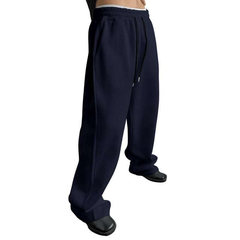Men's Solid Color Sanitary Pants 2025 Drawstring Waist Straight Wide Leg Loose Fit with Pockets Versatile Sports Trousers