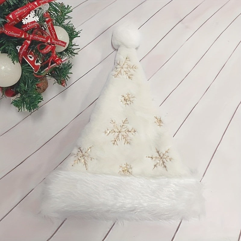 Chapéu de Natal floco de neve branco, decoração de Natal, chapéu de Natal bordado dourado felpudo, fantasia de festival de Natal, sacola de presente