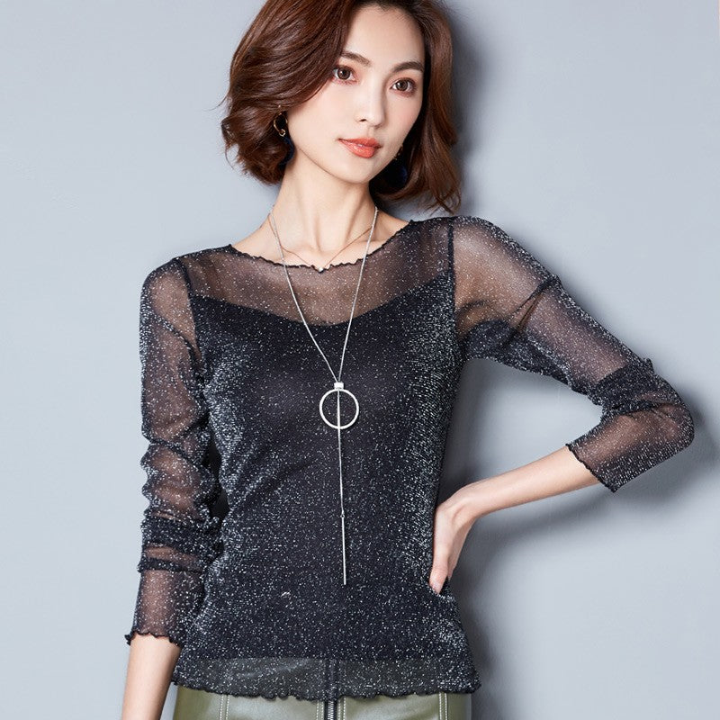 2025 Glitter Mesh Blouse Sexy Womens Shirts Long Sleeve Tops Korean Black Pink O-Neck Elegant Slim Blouse Camisas Femininas